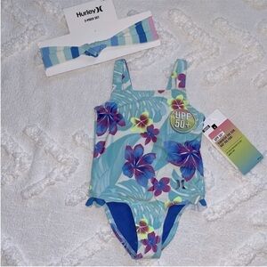 NWT Baby Girl Hurley One Piece Floral Swimsuit W/ Headband 12 months UPF 50+